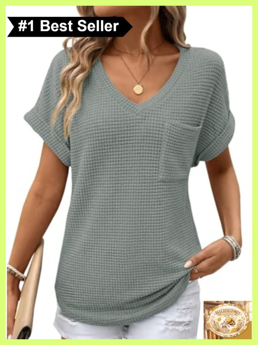 Womens Waffle Knit Short Sleeve V Neck Loose Fit Pullover Top